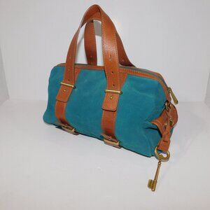 Fossil Mason Satchel Purse Hand bag Teal Brown Suede Leather **Read